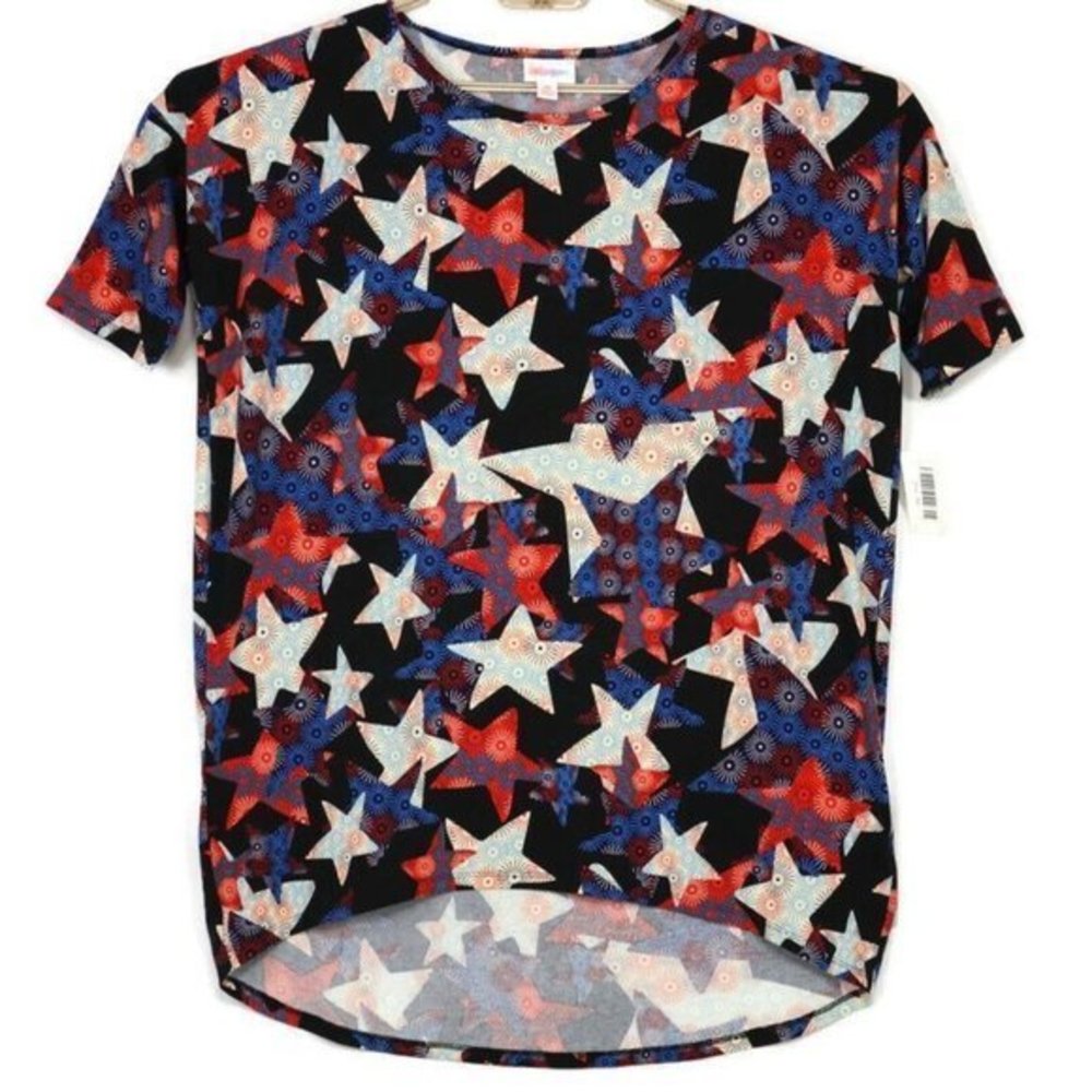 LuLaRoe Irma Tunic Shirt‎ T-Shirt Black Red White Blue Stars Oversized XS